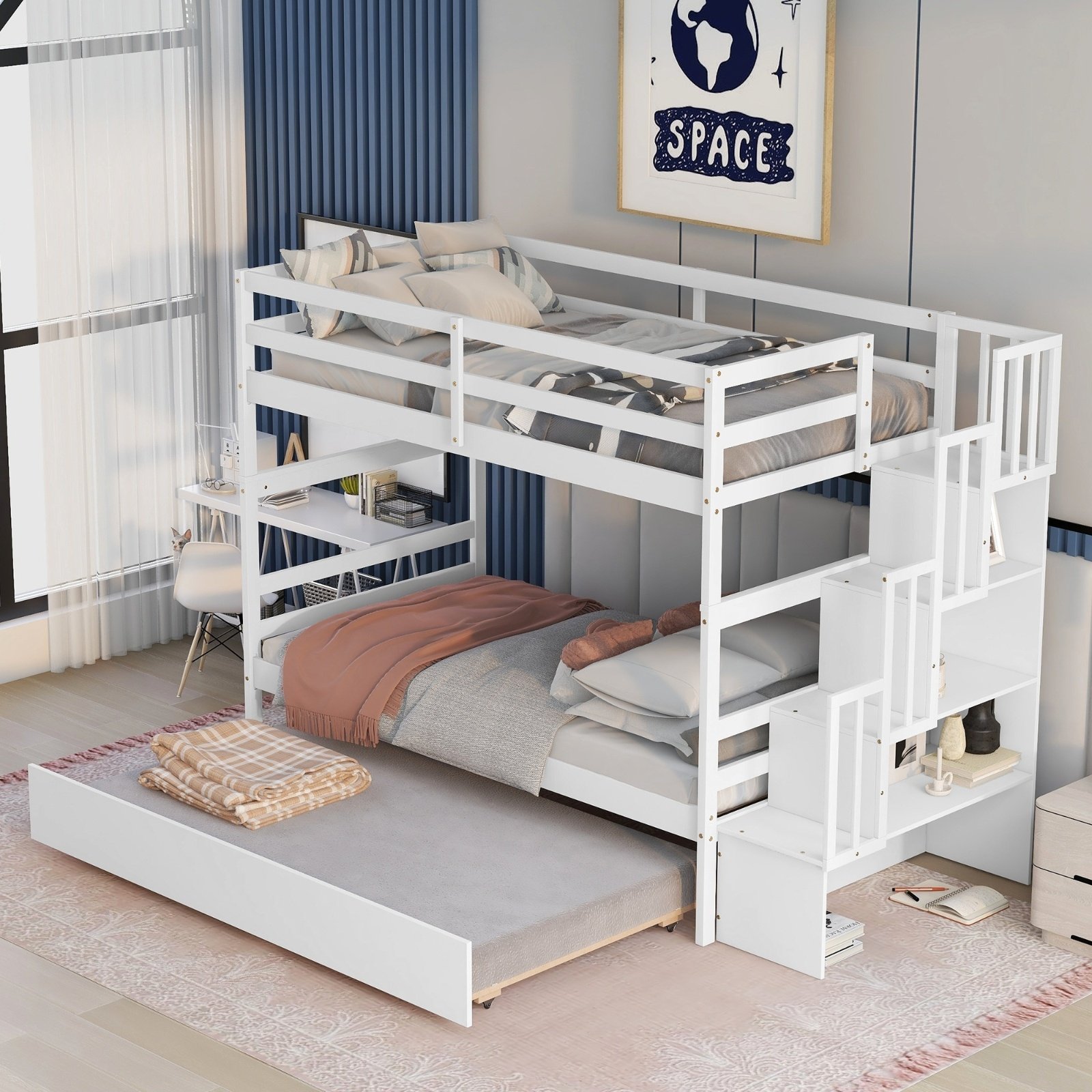 Twin Bunk Beds With Trundle & Stairway Storage In White - Image 9