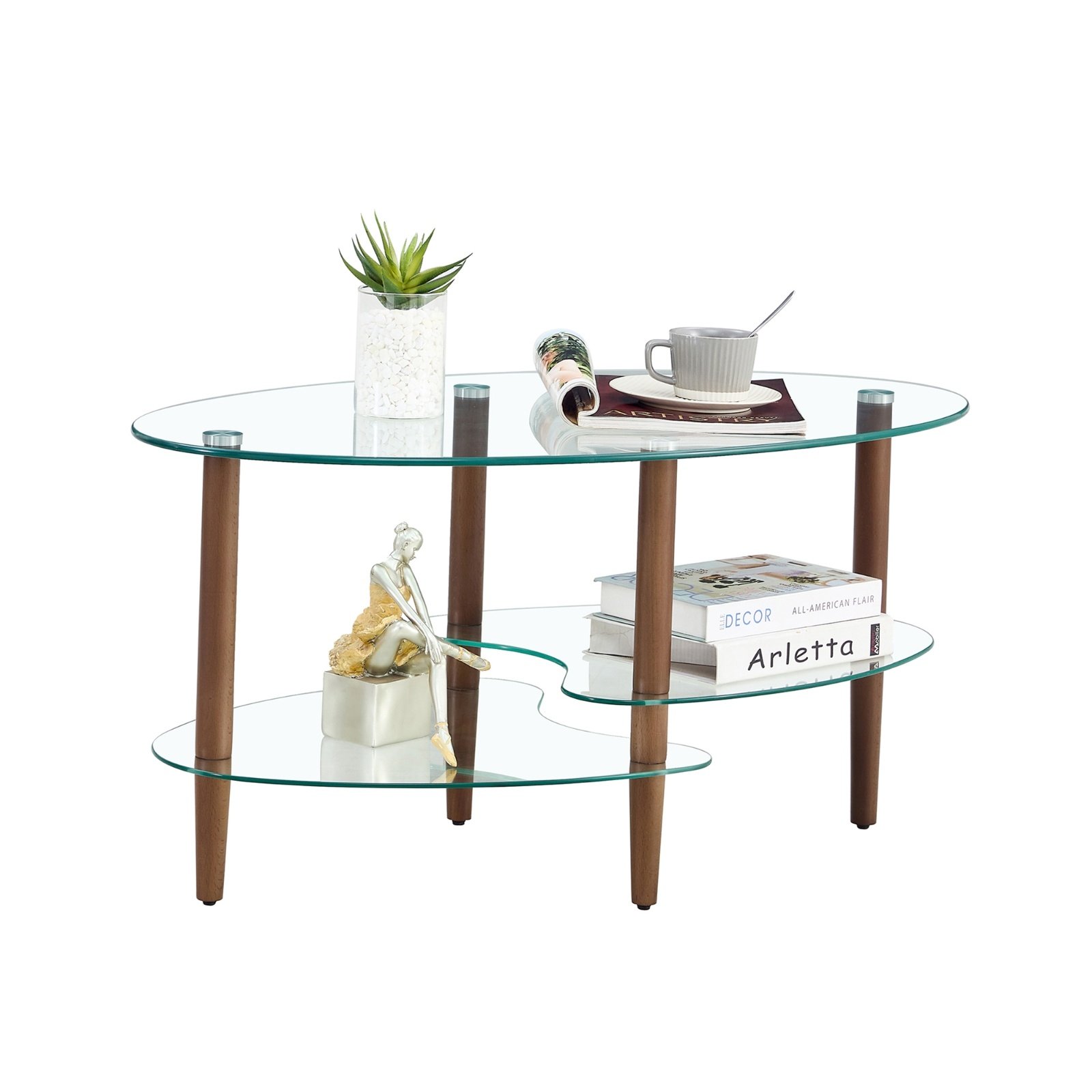 Transparent Oval Glass Coffee Table, 3-Layer Oak Leg Modern Living Room Table - Image 8