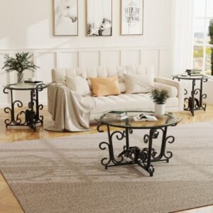 3-Piece Coffee Table Set, Tempered Glass Surface With Sturdy Metal Frame - Modern Living Room Sets 1 Coffee Table 2 End Tables, Scratch-Resistant & Easy To Clean For Small Spaces, Apartments
