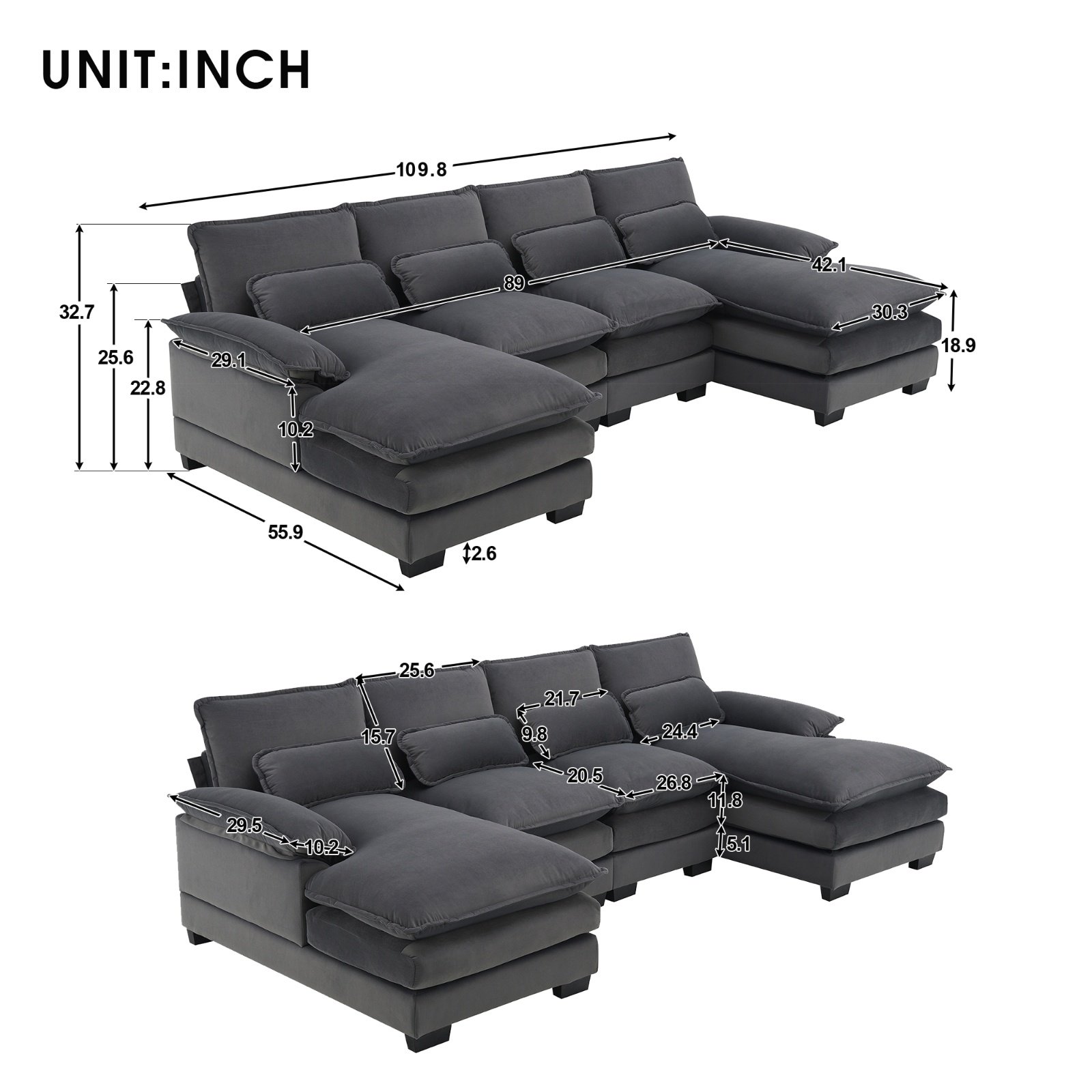 New Modern U-shaped Sectional Sofa, 6-Seat With Waist Pillows 109.8 55.9 - Image 7
