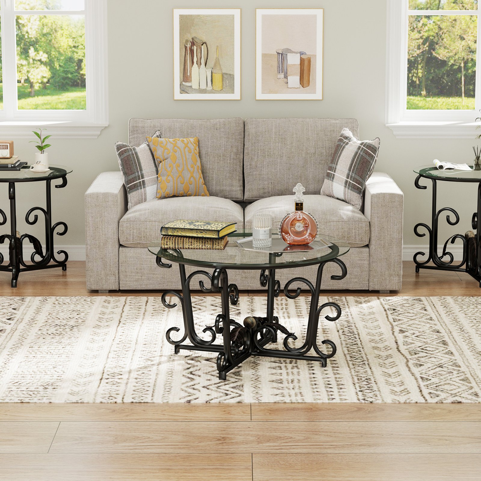 3-Piece Coffee Table Set, Tempered Glass Surface With Sturdy Metal Frame - Modern Living Room Sets 1 Coffee Table 2 End Tables, Scratch-Resistant & Easy To Clean For Small Spaces, Apartments - Image 3