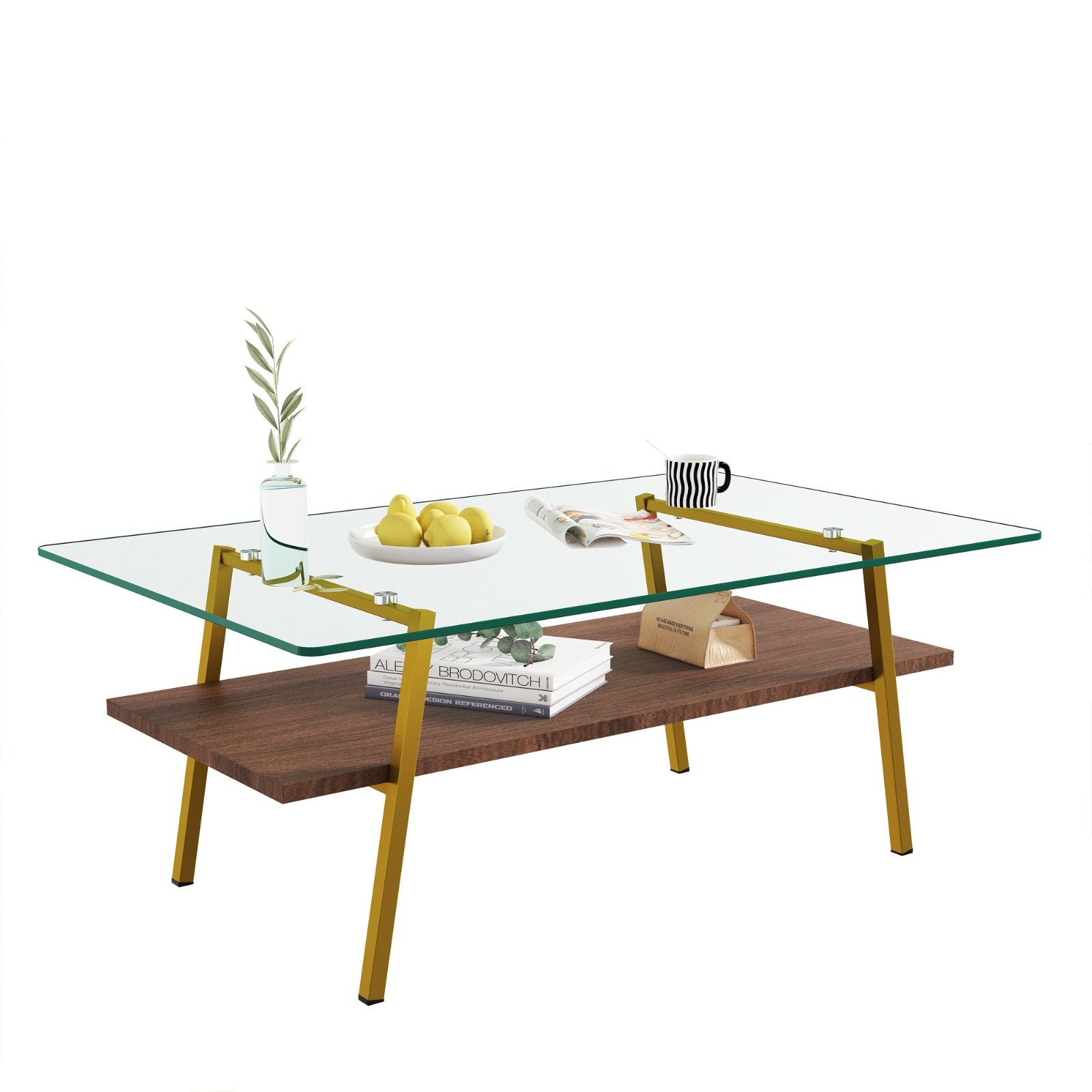 Rectangle Coffee Table, Tempered Glass Tabletop With Gold Metal Legs, Modern Table For Living Room , - Image 6