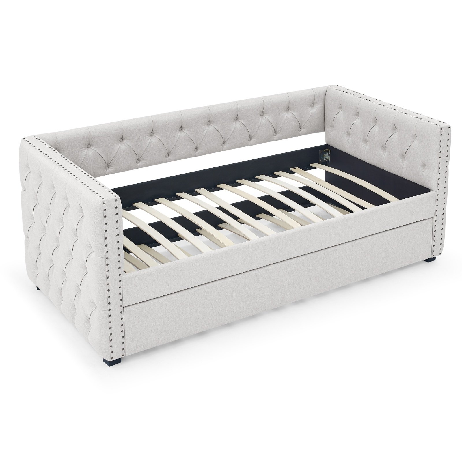 Upholstered Tufted Daybed With Trundle, Button & Copper Nail, Square Arms - Image 6