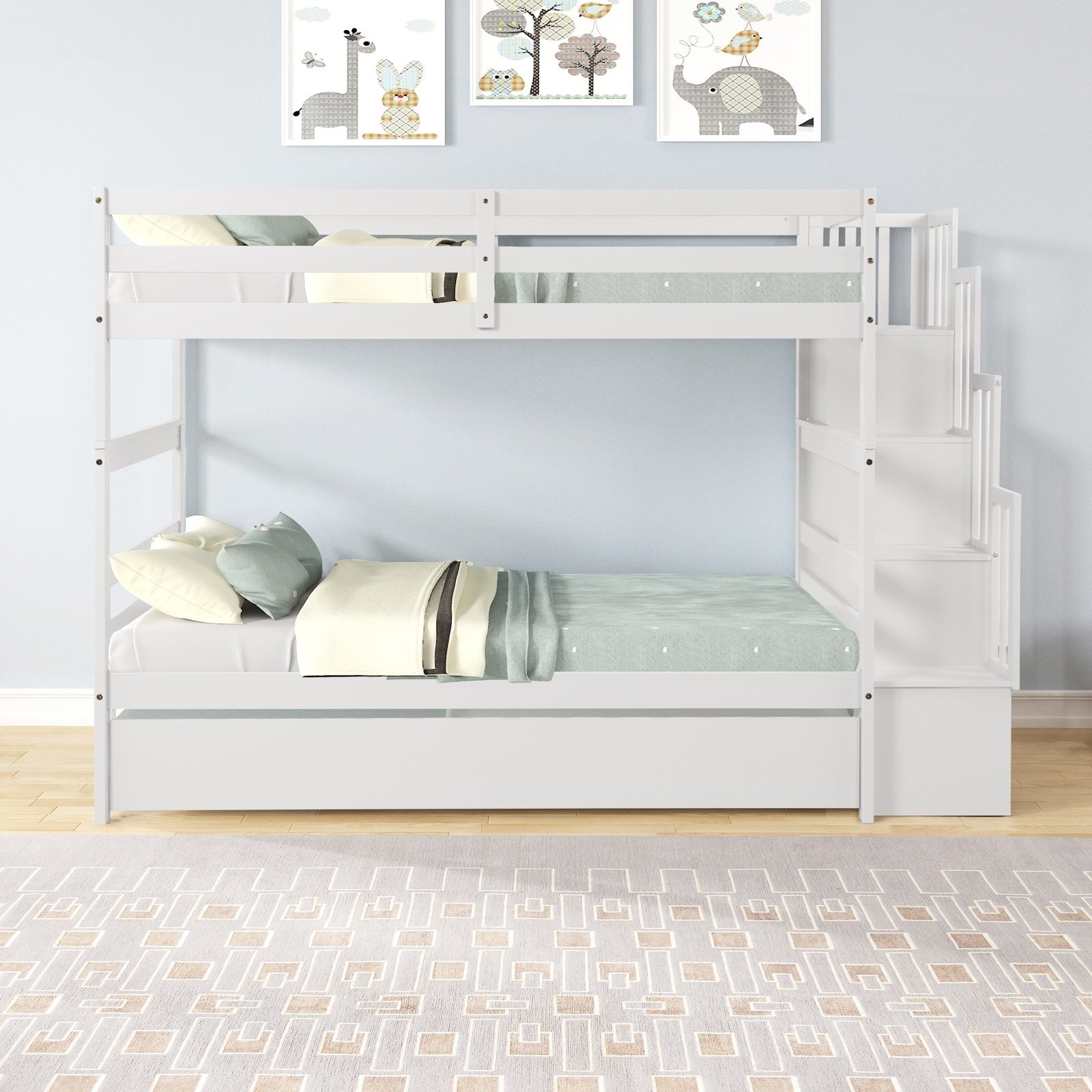 Twin Bunk Beds With Trundle & Stairway Storage In White - Image 10