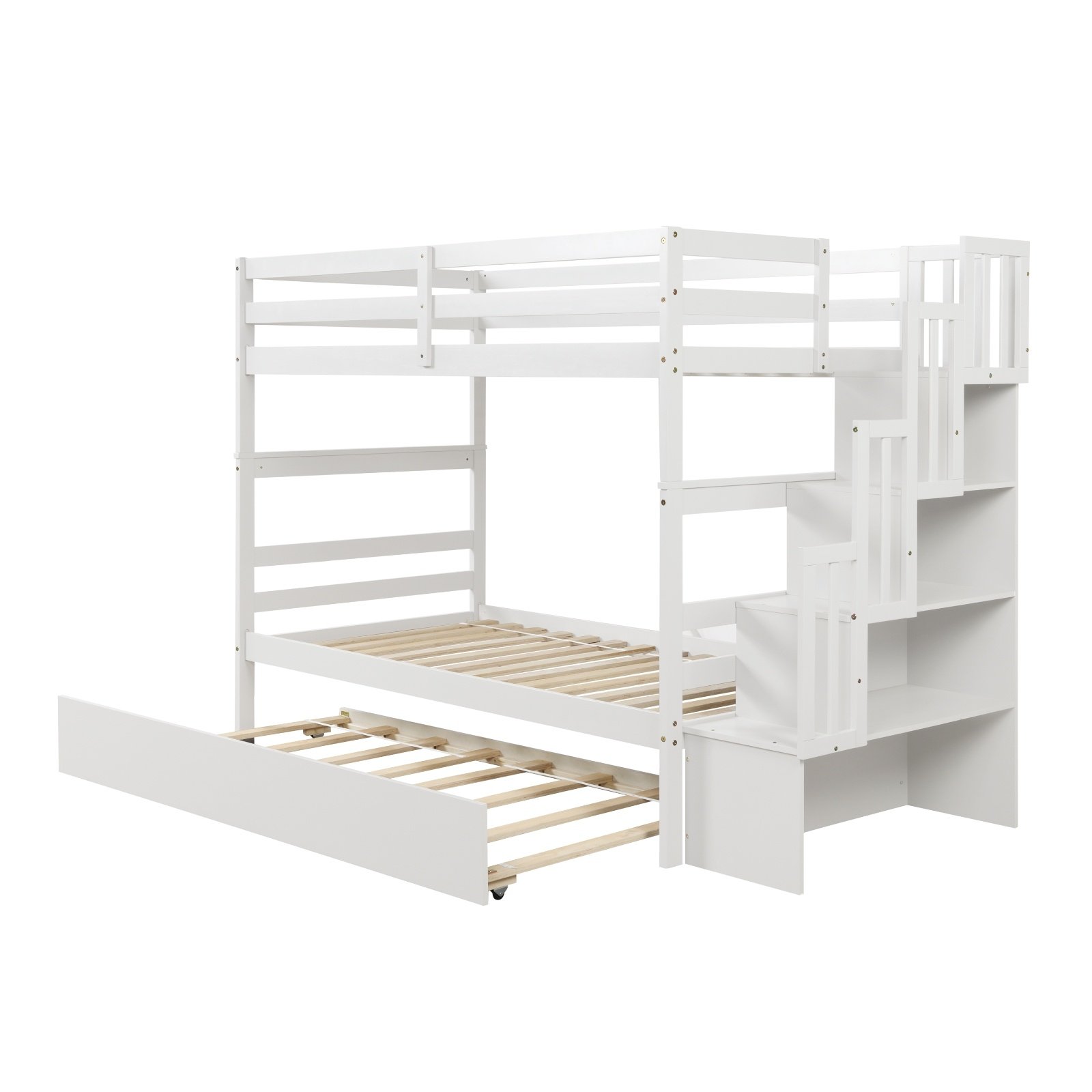 Twin Bunk Beds With Trundle & Stairway Storage In White - Image 4