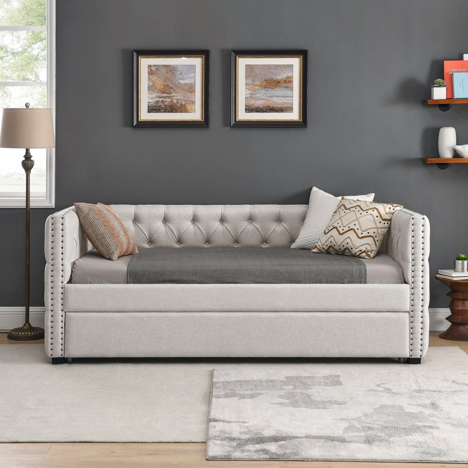 Upholstered Tufted Daybed With Trundle, Button & Copper Nail, Square Arms - Image 2