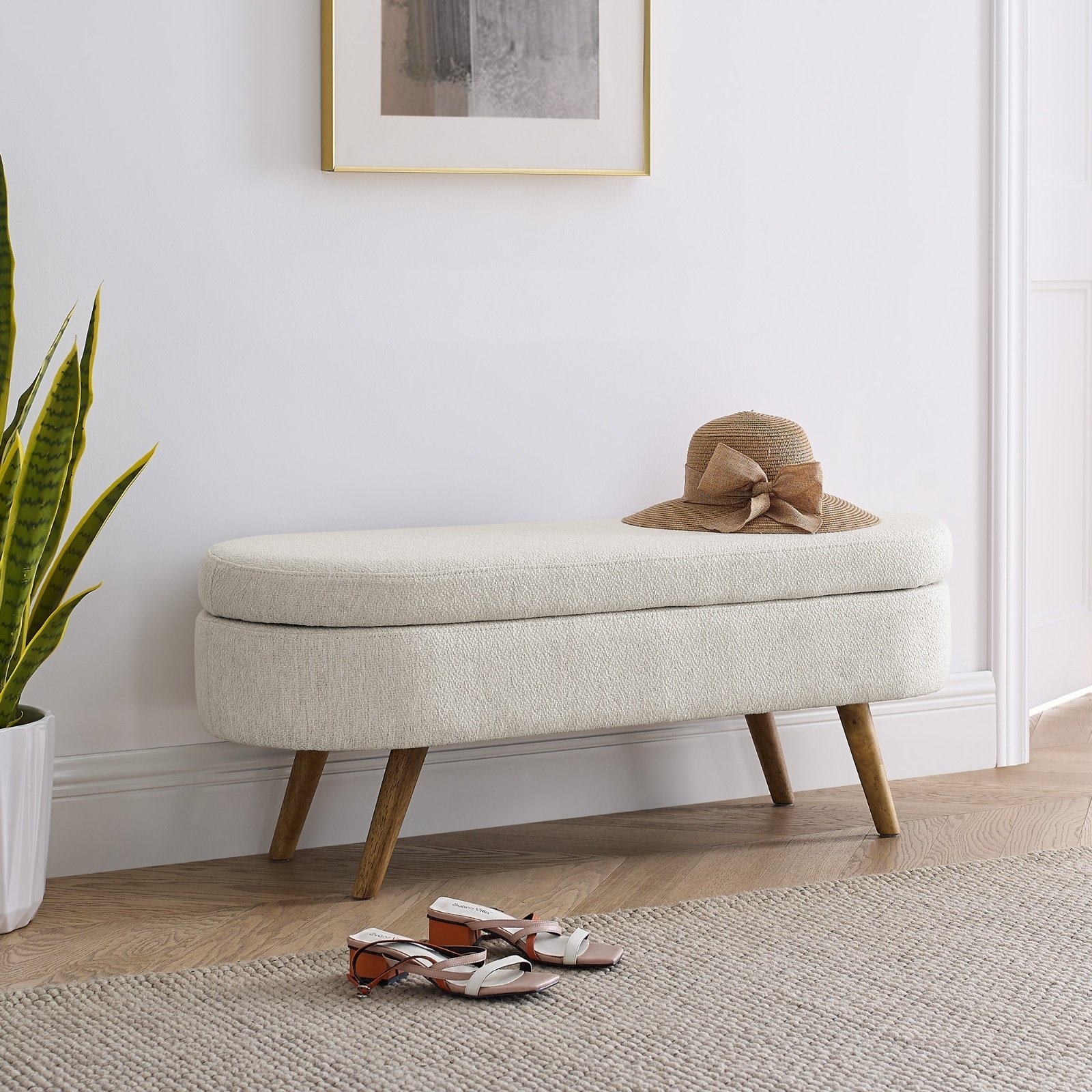 Ottoman Oval Storage Bench,Rubber Wood Legs, Beige 43.5x16x16 - Image 6