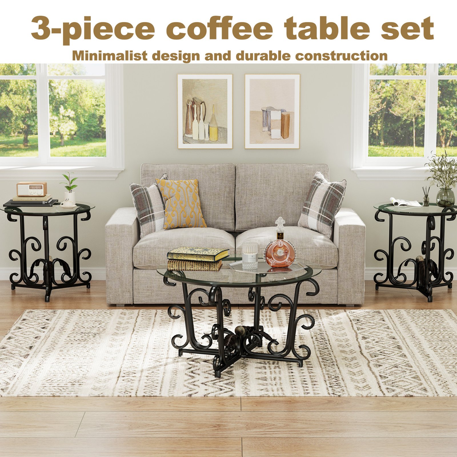3-Piece Coffee Table Set, Tempered Glass Surface With Sturdy Metal Frame - Modern Living Room Sets 1 Coffee Table 2 End Tables, Scratch-Resistant & Easy To Clean For Small Spaces, Apartments - Image 5