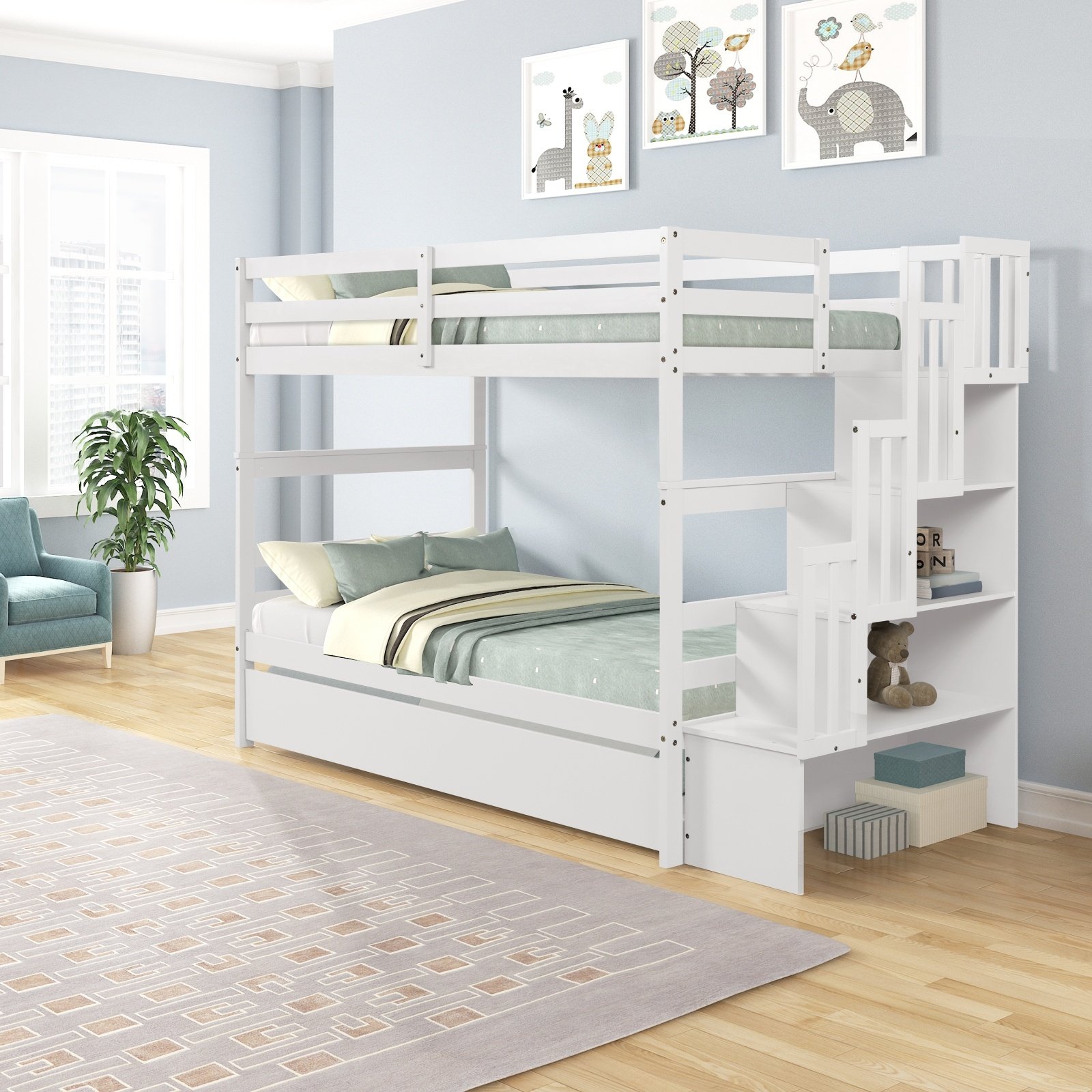 Twin Bunk Beds With Trundle & Stairway Storage In White - Image 7