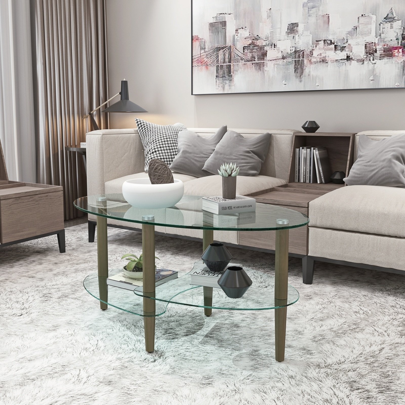 Transparent Oval Glass Coffee Table, 3-Layer Oak Leg Modern Living Room Table - Image 3