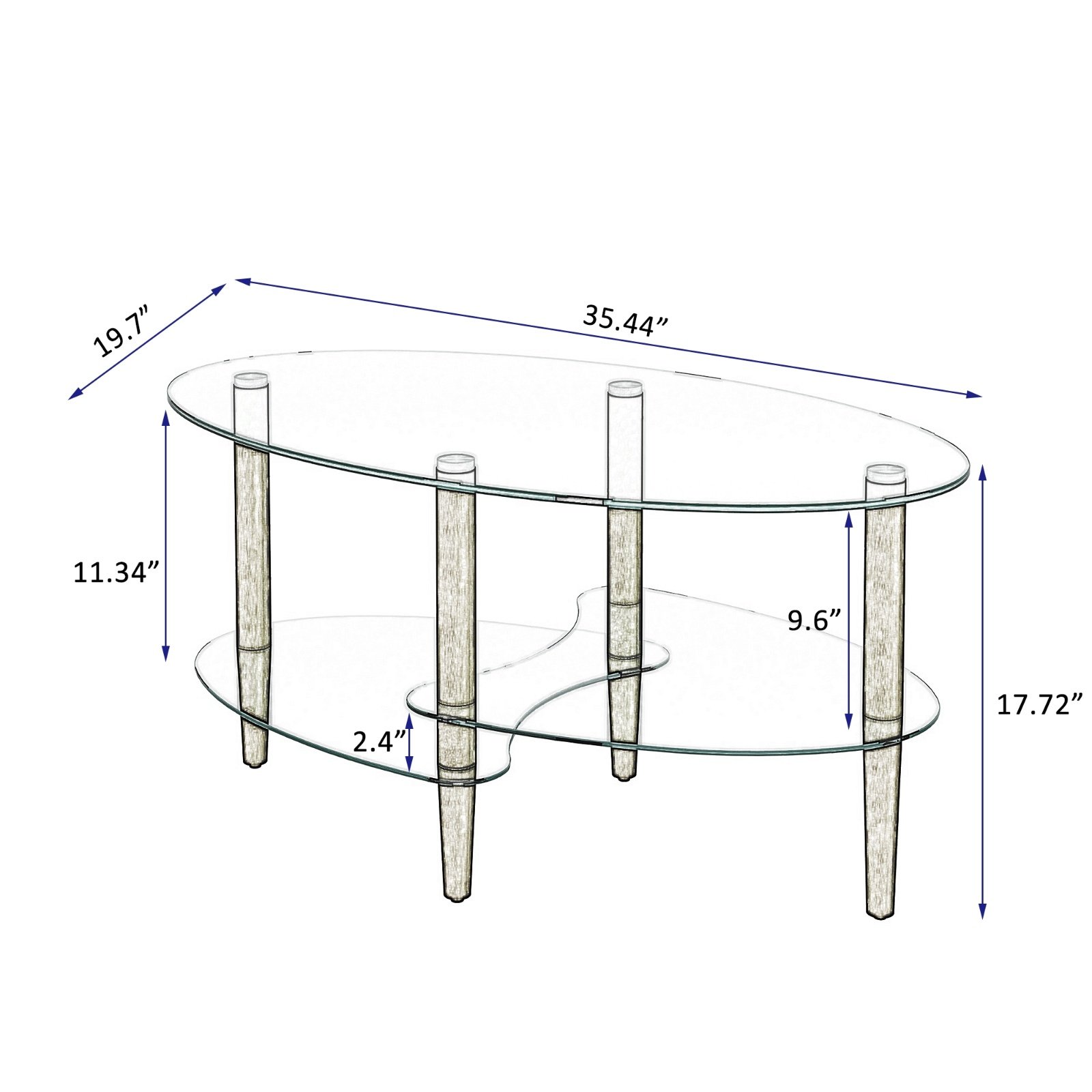Transparent Oval Glass Coffee Table, 3-Layer Oak Leg Modern Living Room Table - Image 4