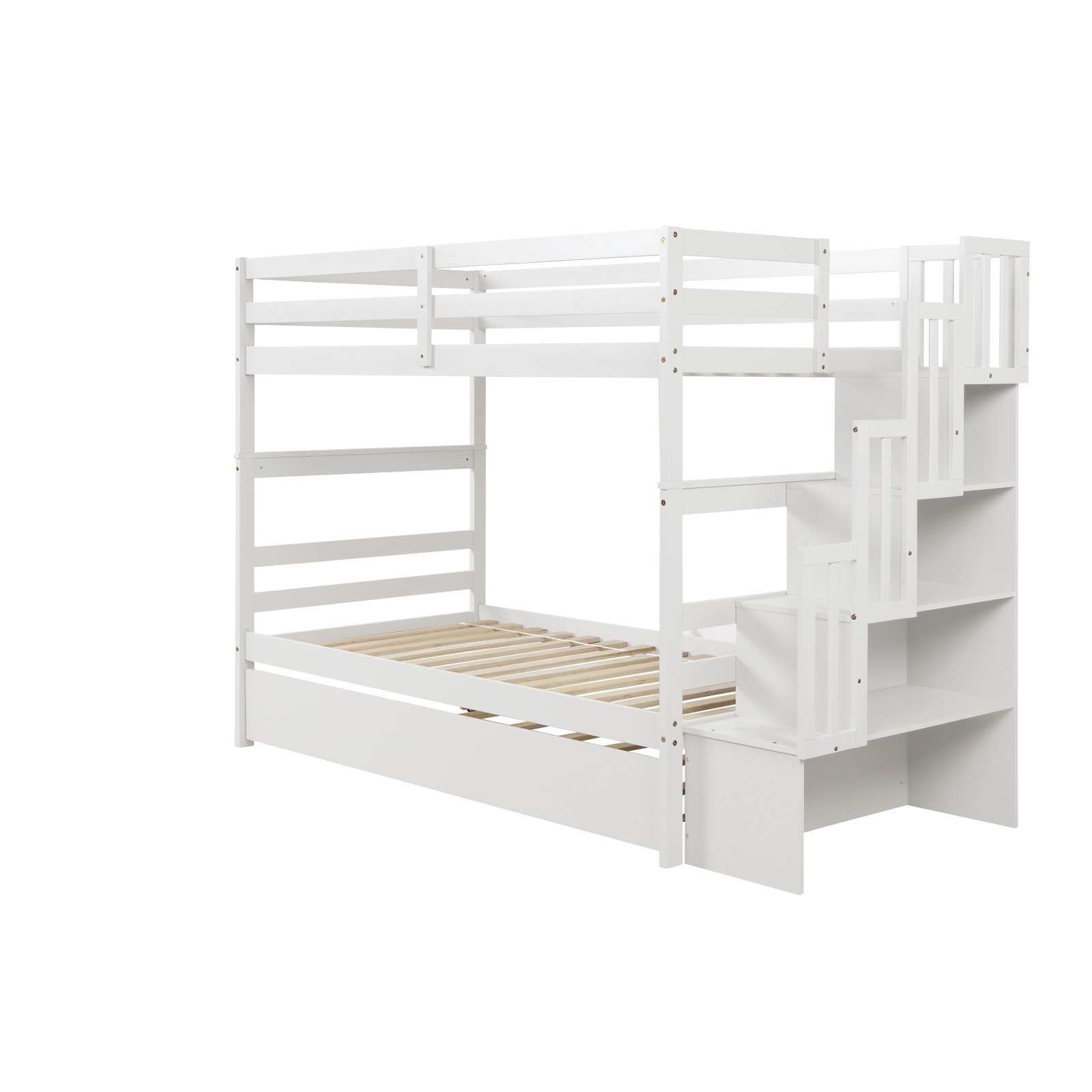 Twin Bunk Beds With Trundle & Stairway Storage In White - Image 3