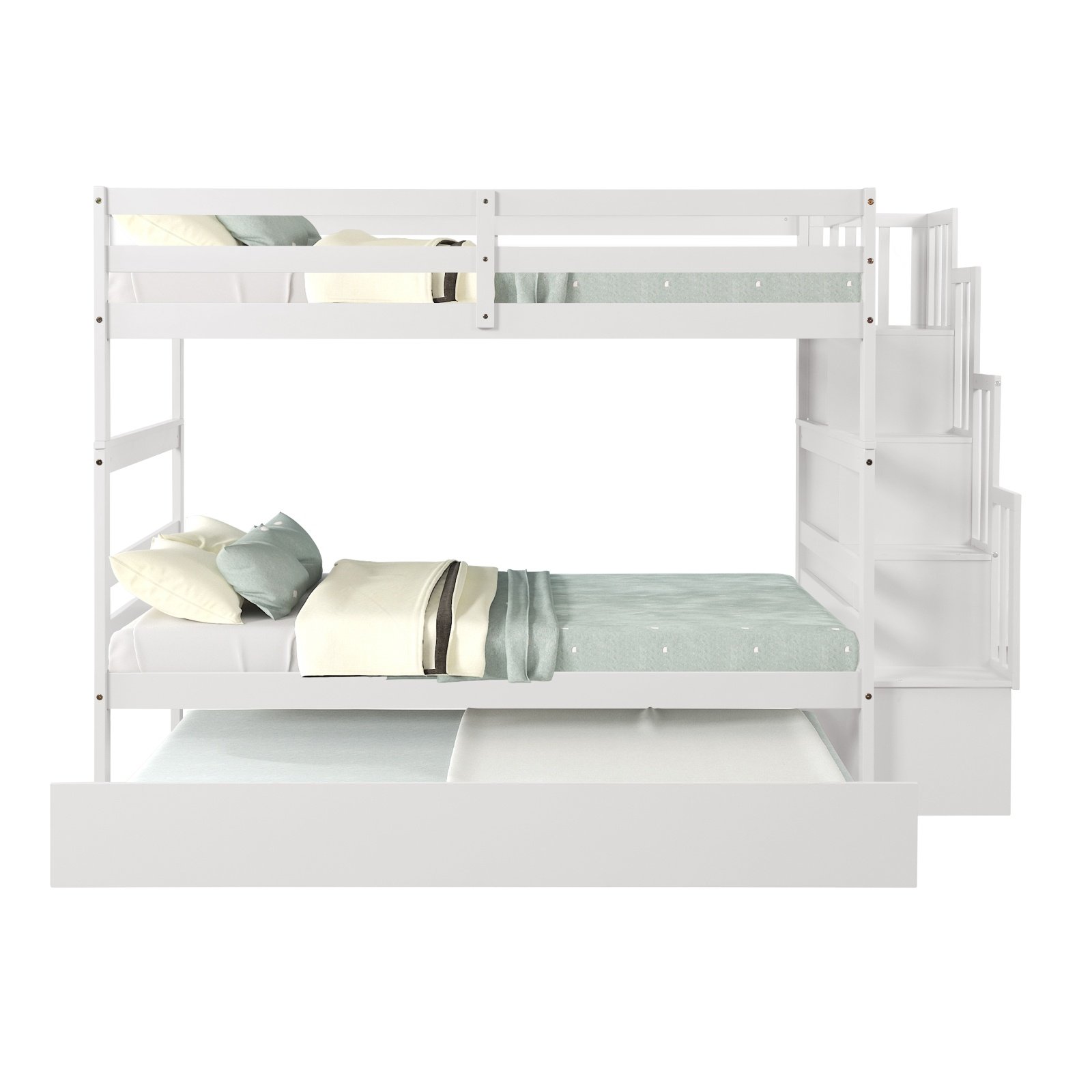 Twin Bunk Beds With Trundle & Stairway Storage In White - Image 6